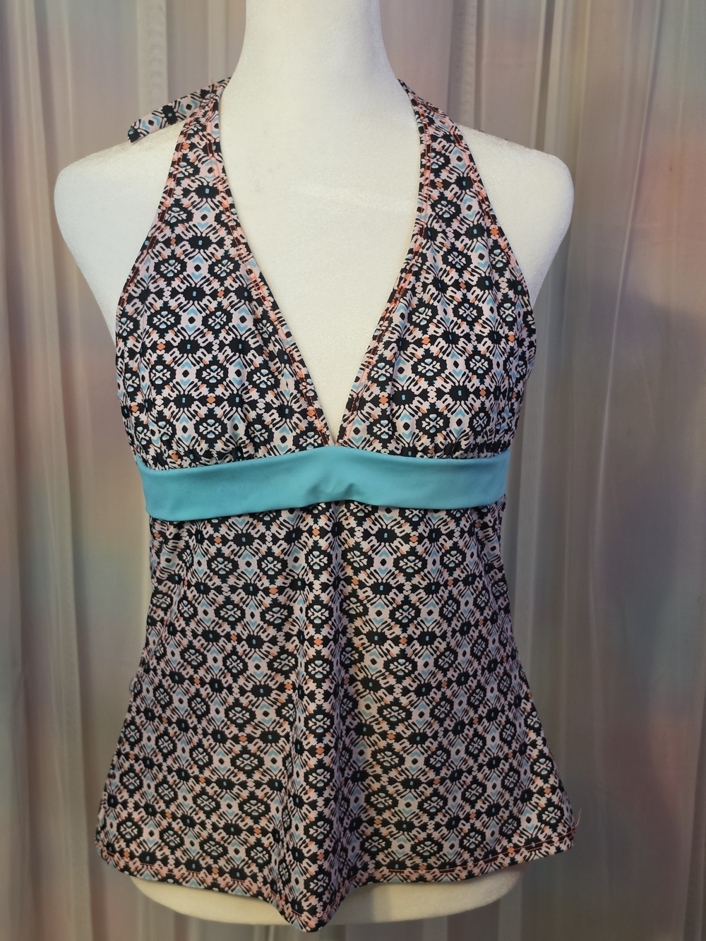 Dippin' Daisy's Teal Green Geometric Boho Tankini Top with Aqua Band Size Large